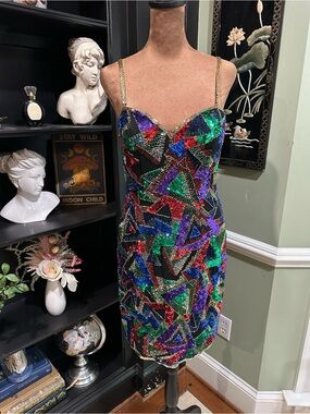Vintage Lime “Nite” Full‑Sequin Mini Dress – Size 4 – Retro 90s Glam